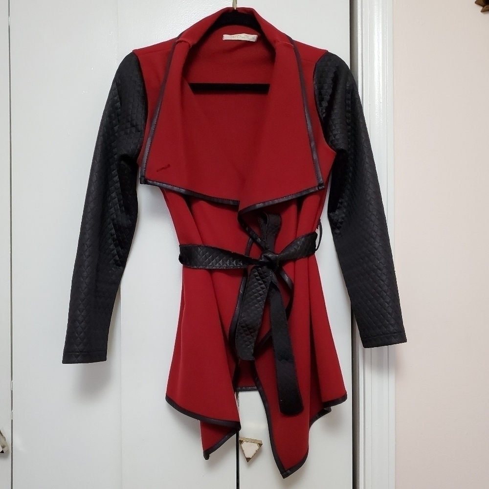 Open front longline belted mixed media Very soft cardigan / jacket